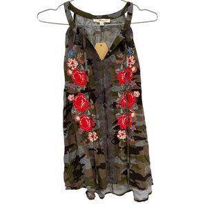 Andrée By Unit Camouflage Floral Embroidered Tank Small Green Boho Hippie NEW